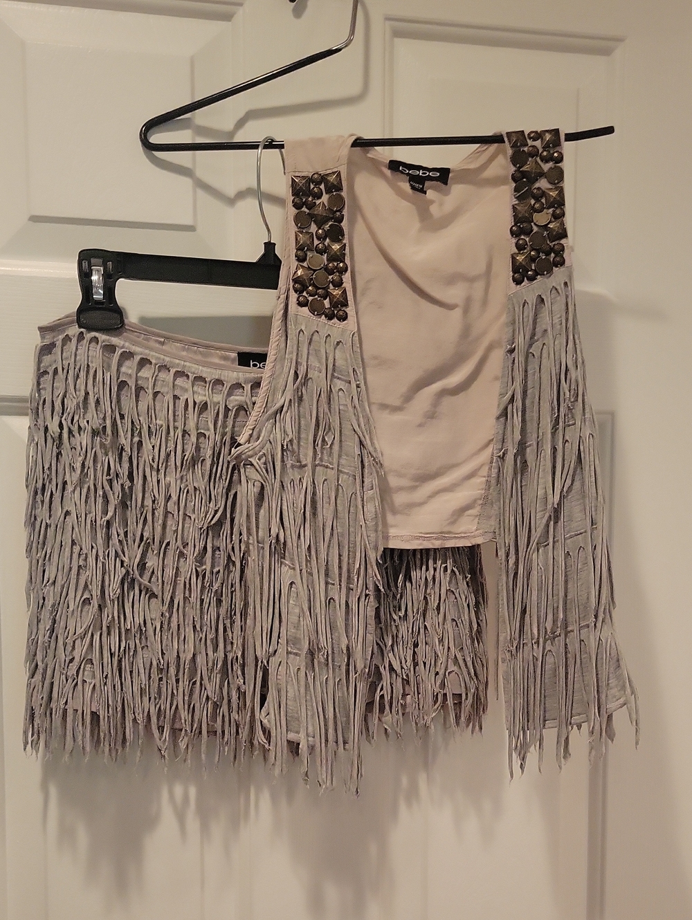 Vintage Y2K-era Gray Bebe sleeveless open-front vest and matching skirt set